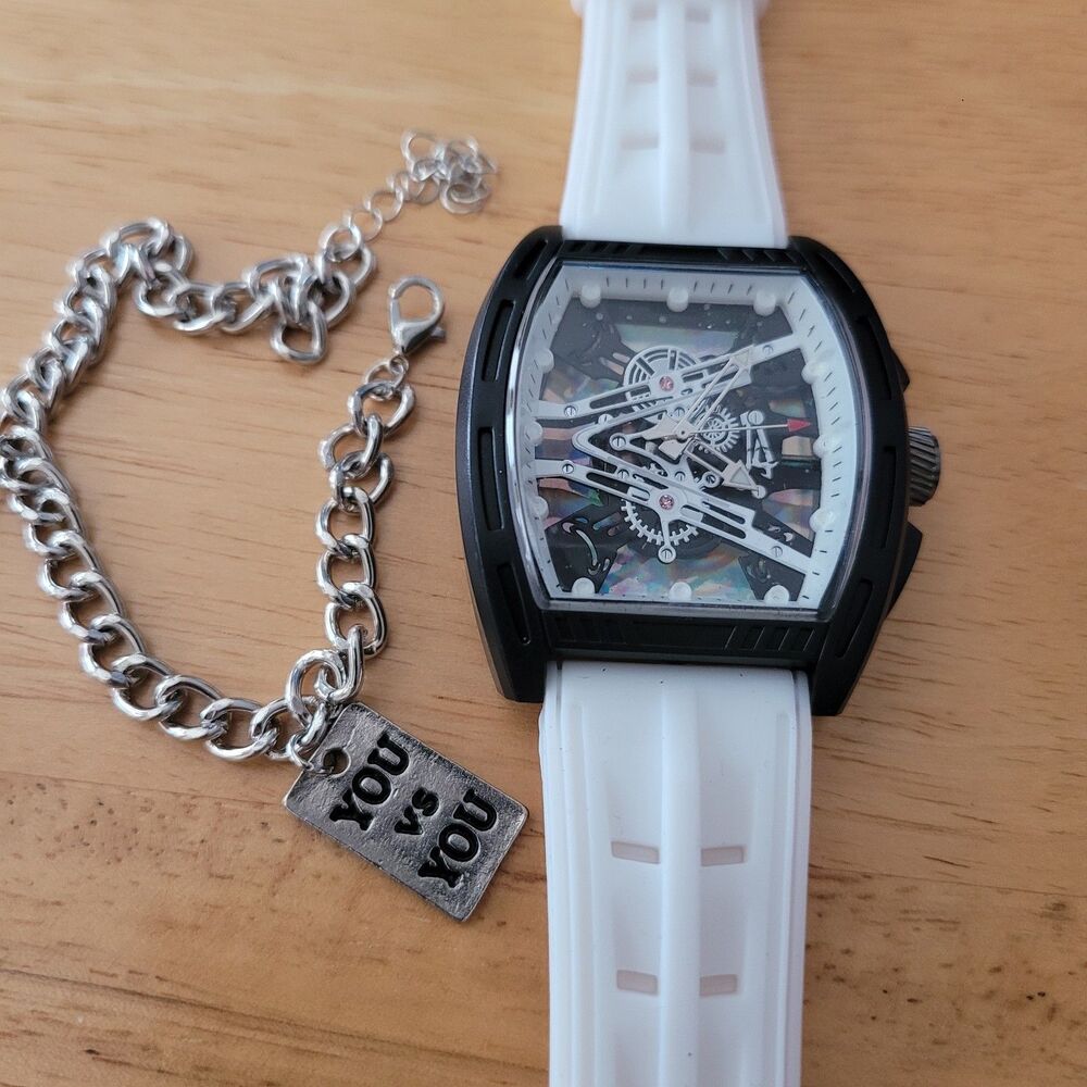 Skeleton Tonneau Analog Wristwatch Black Case White Rubber Strap Luminous